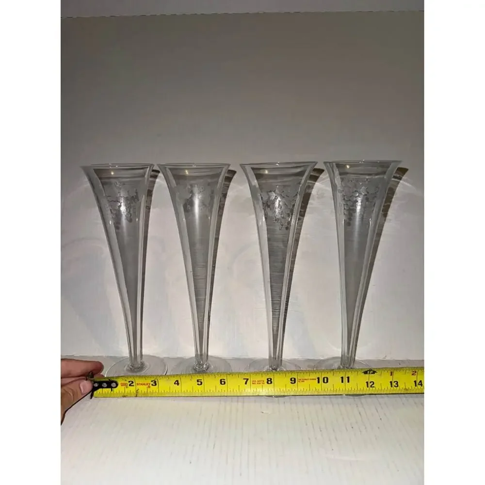 Set of 4 Etched Grape and Leaf Champagne Flutes - $40